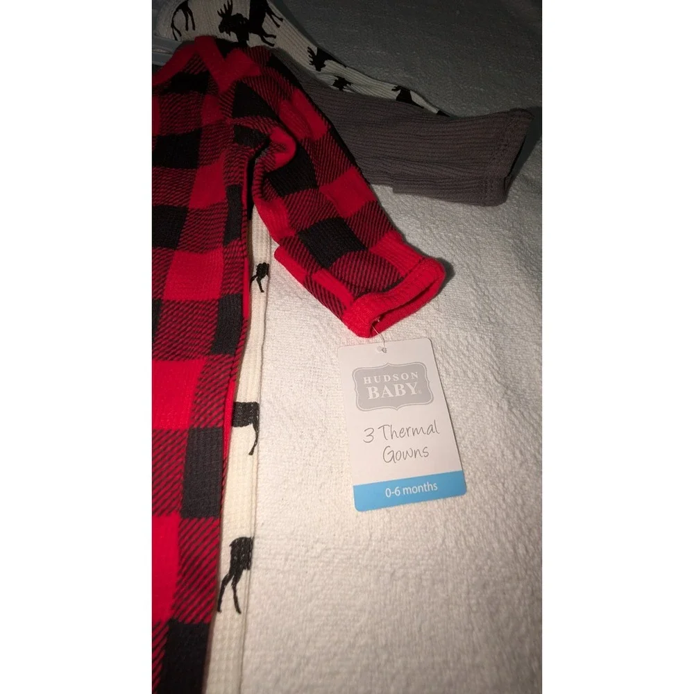NWT Cozy, 3-pack one-piece baby clothes, Moose Print, Plaid Gowns 0-6 Months